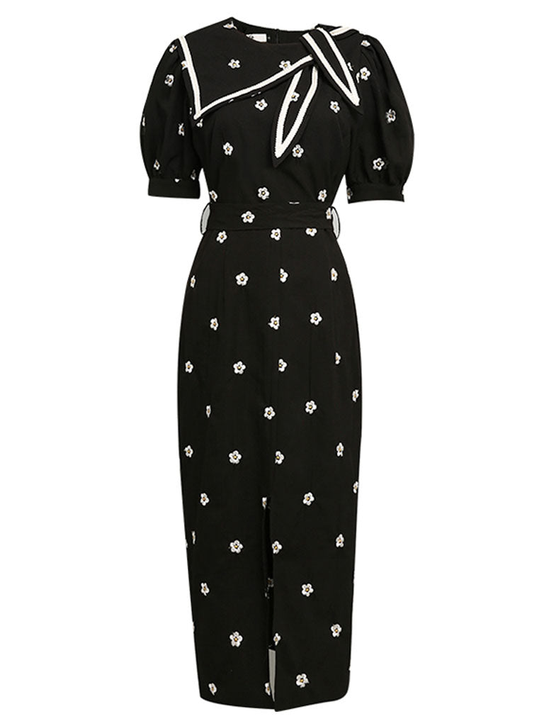 Black Embroiderd Flowers Puff Sleeve 1940S Split Vintage Dress
