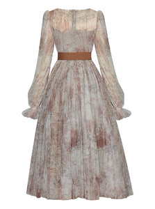 Retro Palace Puffed Sleeves Lace Tulle Print Vintage Swing Dress