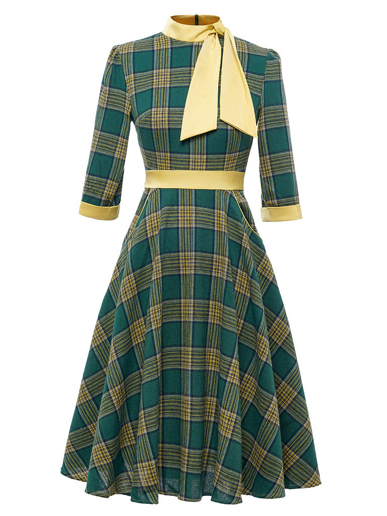Green And Yellow Plaid 3/4 Sleeve 1950S Cotton Vintage Dress With Tie Collar, Green / S Green And Yellow Plaid 3/4 Sleeve 1950S Cotton Vintage Dress With Tie Collar, Green / S