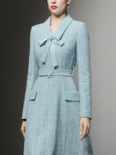 Load image into Gallery viewer, Baby Blue V Neck Retro Swing Tweed Dress With Long Sleeve For Winter