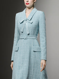 Baby Blue V Neck Retro Swing Tweed Dress With Long Sleeve For Winter
