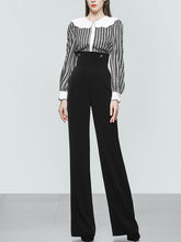 Load image into Gallery viewer, 2PS Black Print Long Sleeve Rhinestone Top With High Waist Wide Leg Pants Suit