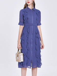 Blue Turndown Collar Ruffles 1940S Dress