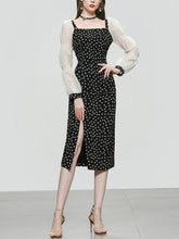 Load image into Gallery viewer, Black Daisy Print Split Straight Dress With White Long Sleeve