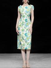 Load image into Gallery viewer, Light Blue And Green Rabbit Ears Strap Floral Print Bodycon Dress