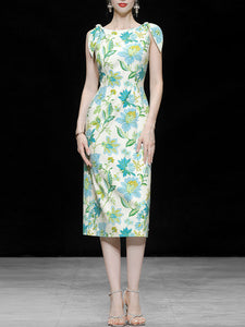 Light Blue And Green Rabbit Ears Strap Floral Print Bodycon Dress