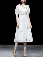 Load image into Gallery viewer, White V Neck Puff Sleeves Embroidered Organza Vintage Dress