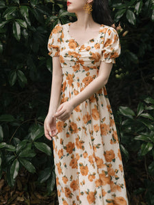 Orange Rose Sweet Heart Collar Puff Sleeve 1950S Vintage Dress