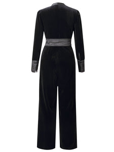 Deep V Neck Black Velvet Women‘s Jumpsuit Vintage Rompers