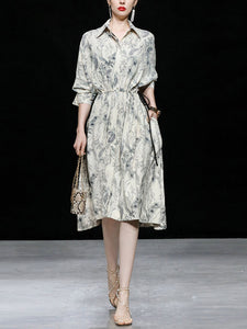 Apricot Doll Sleeves Nipped Waist Slim Print Shirt Dress