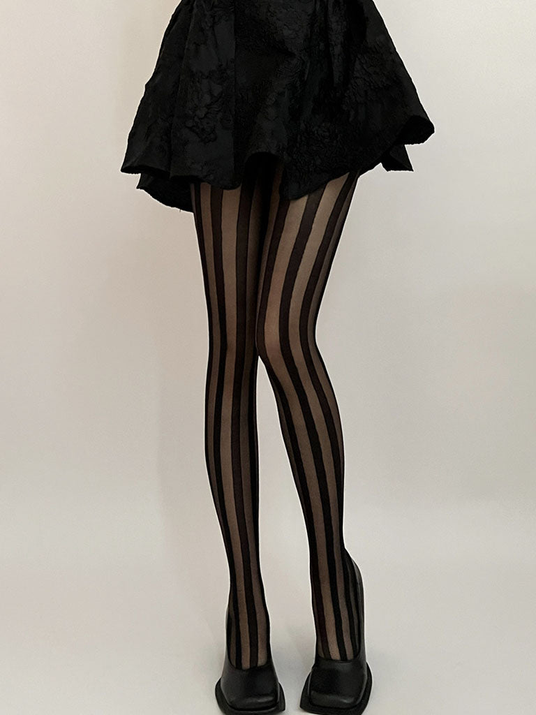 Solid Color Black Lace Stripe Sheer Thigh High Stockings