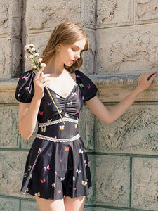 Butterfly Style V Neck Lace Vintage One Piece Swimwear Bathing Suit