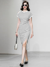 Load image into Gallery viewer, Striped Crew Neck Slit Casual Sexy Bodycon Dress