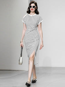 Striped Crew Neck Slit Casual Sexy Bodycon Dress