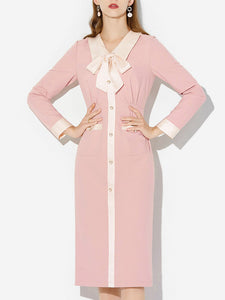 Pink Turn Down Collar Long Sleeve 1940S Vintage Dress With Pockets