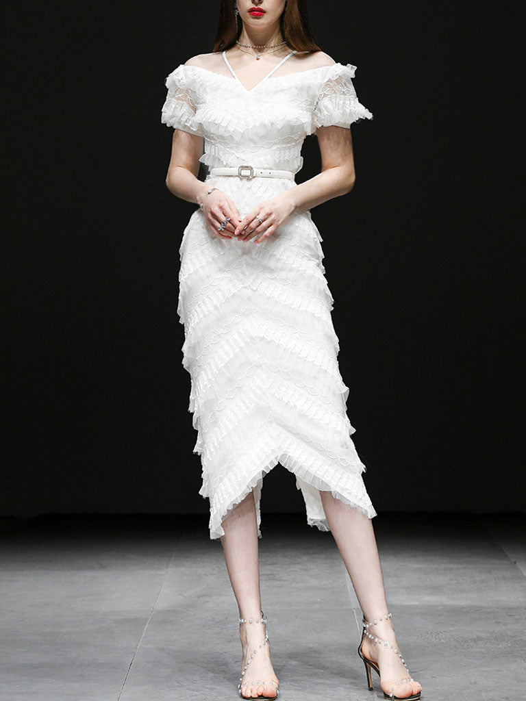 White Romantic Wedding Ruffles V-Neck Sequin Lace Irregular Hem Dress