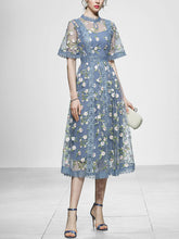 Load image into Gallery viewer, Blue Embroidery Daisy Lace Neck Maxi Dress