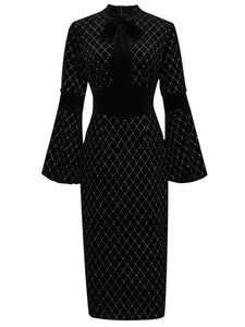 Black Bow Collar Long Lantern Sleeve Drilling Velvet 1960S Dress