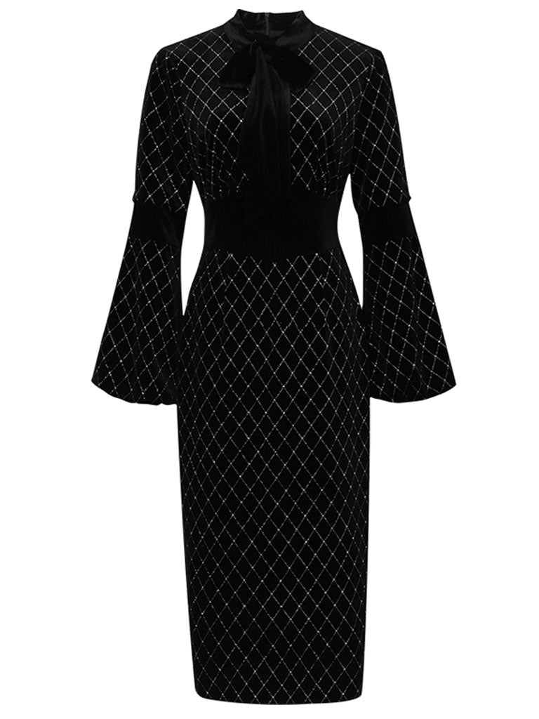 Black Bow Collar Long Lantern Sleeve Drilling Velvet 1960S Dress