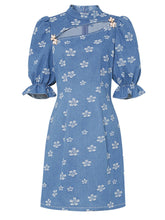 Load image into Gallery viewer, Retro Cheongsam Stand Collar Hollow Puff Sleeves Denim Printed Mini Dress
