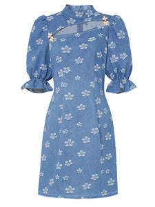 Retro Cheongsam Stand Collar Hollow Puff Sleeves Denim Printed Mini Dress