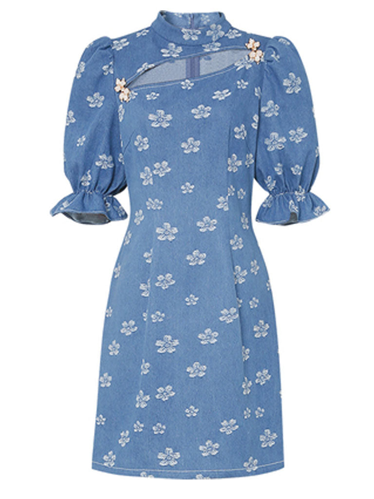 Retro Cheongsam Stand Collar Hollow Puff Sleeves Denim Printed Mini Dress
