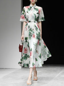 Big Bowknot Tropical Rose Print Maxi Dress