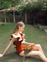 Load image into Gallery viewer, Sailor Style Deep V Neck Ruffles Vintage One Piece Swimwear