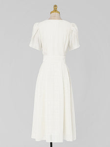 White Bud Sleeve Pearl Square Neck Chiffon 1950S Vintage Dress