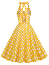 Load image into Gallery viewer, Green And White Polka Dots Pockets Vintage Halter 1950S Dress With Button