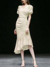 Load image into Gallery viewer, Light Yellow Chiffon Waist Long Skirt Puff Sleeve Fishtail Dress