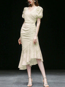 Light Yellow Chiffon Waist Long Skirt Puff Sleeve Fishtail Dress