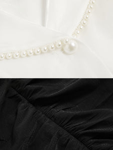 2PS White Pearl Turn Down Collar Long Sleeve Shirt With Black Ruffles Split Skrit Dress Suit