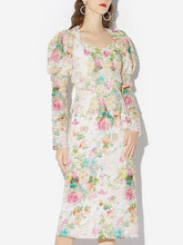 Load image into Gallery viewer, White 1960S Vintage Floral Printed Pearl Puff Sleeve Bodycon Dress