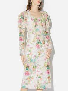 White 1960S Vintage Floral Printed Pearl Puff Sleeve Bodycon Dress