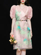 Load image into Gallery viewer, Pink Organza Puff Sleeve Vintage Dress With Belt