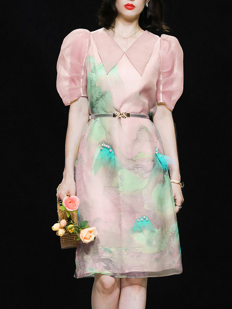 Pink Organza Puff Sleeve Vintage Dress With Belt