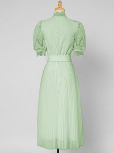 Apricot Stand Collar Puff Sleeve Mesh Pleated Dress