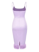 Load image into Gallery viewer, Purple Spaghetti Strap Satin Feather Hem Bodycon Dress Sexy Gown Party Dress