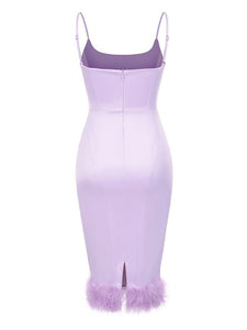Purple Spaghetti Strap Satin Feather Hem Bodycon Dress Sexy Gown Party Dress