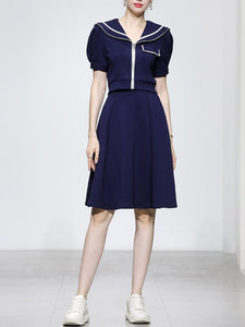 2PS Navy Uniform Sailor Collar Puff Sleeve Skirt Suit