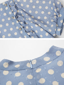 Blue Polka Dots Puff Sleeve Vintage Chiffon Dress