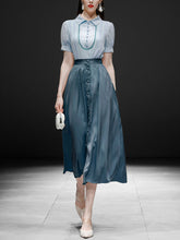 Load image into Gallery viewer, Light Blue Turn Collar Shirt And Lake Blue Skirt Set