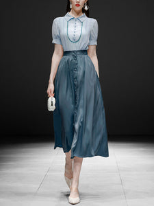 Light Blue Turn Collar Shirt And Lake Blue Skirt Set
