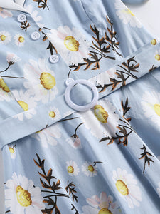 Baby Blue Daisy Turn-Down Collar 1950S Dress With Belt