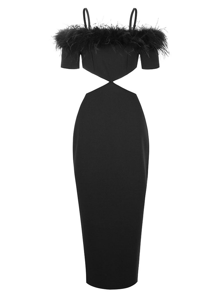 black feather off the shoulder dress Black Spaghetti Strap Feather Off The Shoulder Bodycon Dress Sexy Gown Party Dress, Black / L