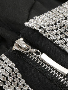 Black Spaghetti Strap Rhinestones Slit Sexy Gown Party Dress