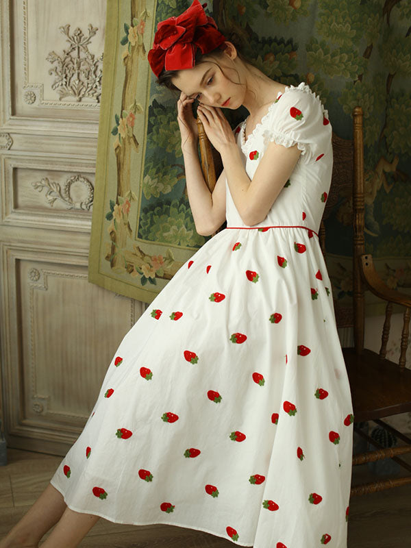 Strawberry Embroidered Puff Sleeve Vintage Cotton Dress Jolly Vintage