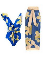 Load image into Gallery viewer, Blue Floral Print Ruffles Strap One Piece With Bathing Suit Wrap Skirt