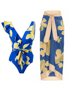 Blue Floral Print Ruffles Strap One Piece With Bathing Suit Wrap Skirt